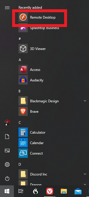 Shows the start menu with the Remote Desktop app.